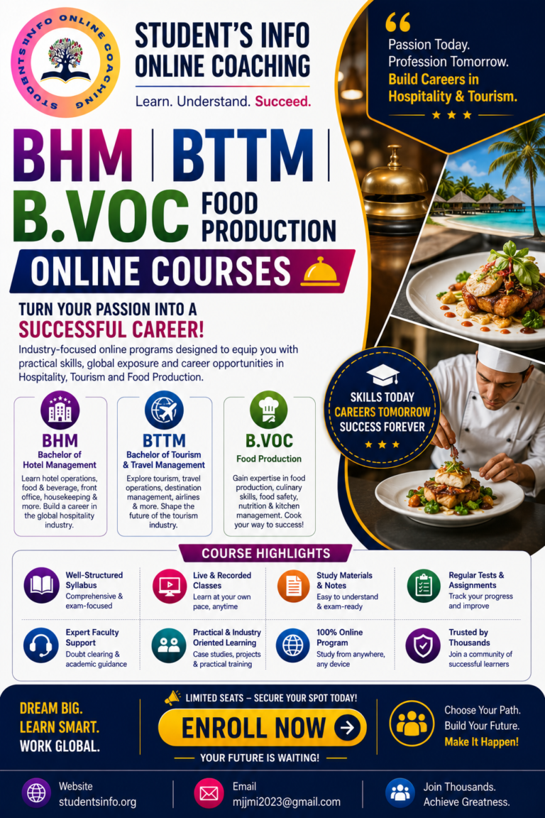 🧭 (B 36) BTTM / BHM / B.VOC (FOOD PRODUCTION) Entrance Preparation Course